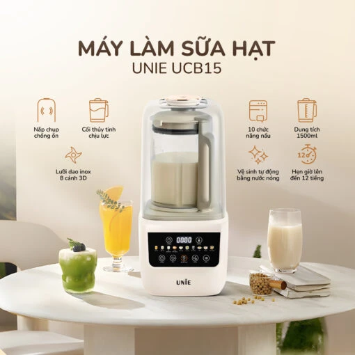 Máy làm sữa hạt UNIE UCB15 – Dung tích 1.5 L, Giảm ồn 30%, 10 chức năng nấu